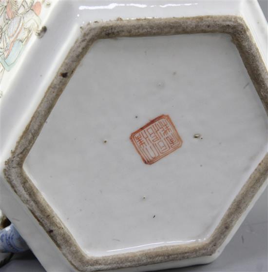 A Chinese famille rose hexagonal food warming vessel, cover and liner, Tongzhi mark and of the period (1862-74), width 16cm